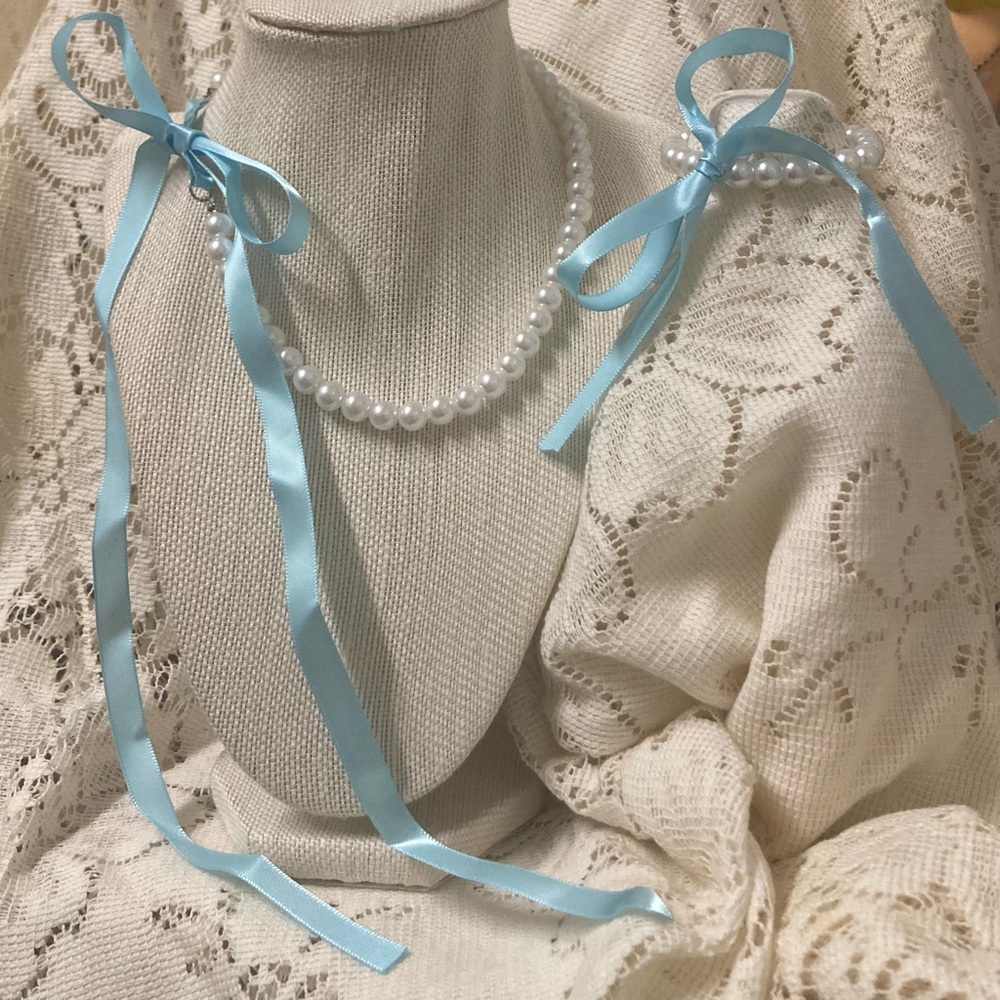 Faux Pearl with Baby Blue Ribbon Tie Choker and Bracelet Set